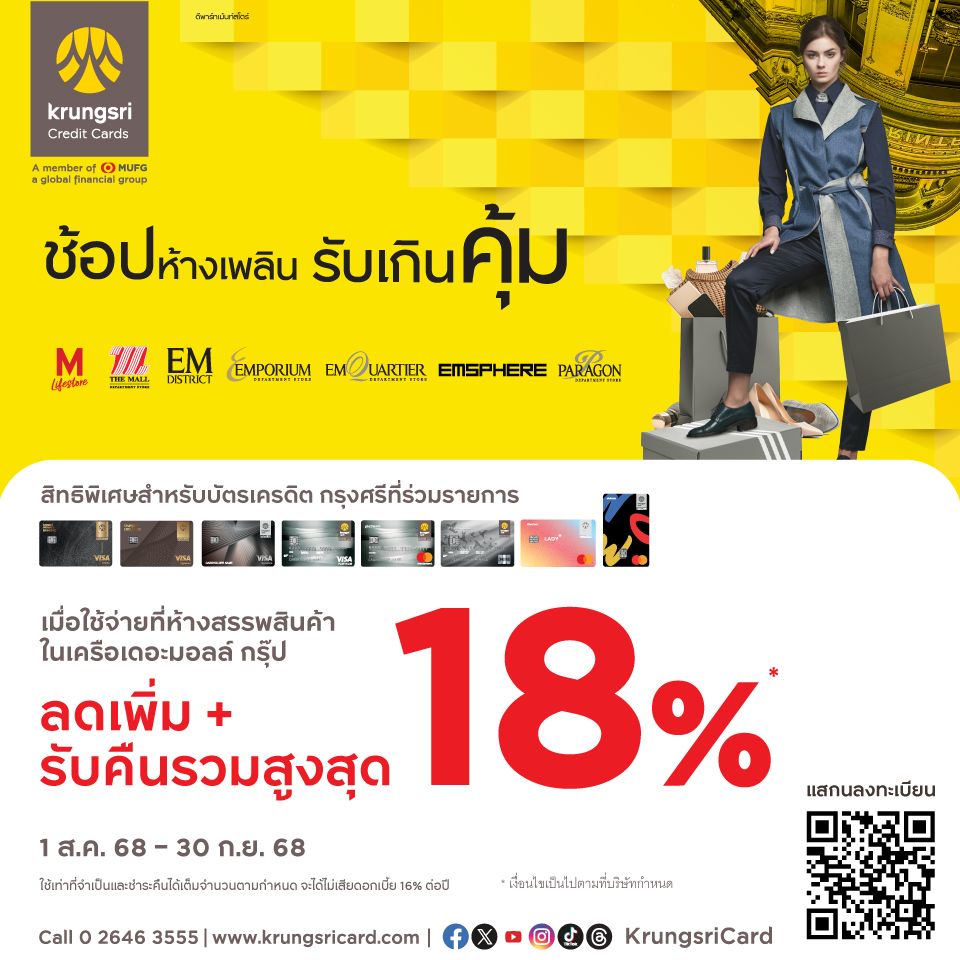 บัตรเครดิตกรุงศรี แลกรับส่วนลดเพิ่มสูงสุด 14% และรับเครดิตเงินคืนสูงสุด 4%