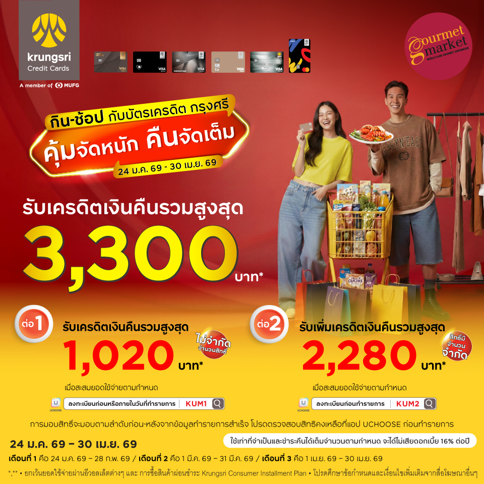 บัตรเครดิตกรุงศรี รับเครดิตเงินคืนรวมสูงสุด 3,300 บาท