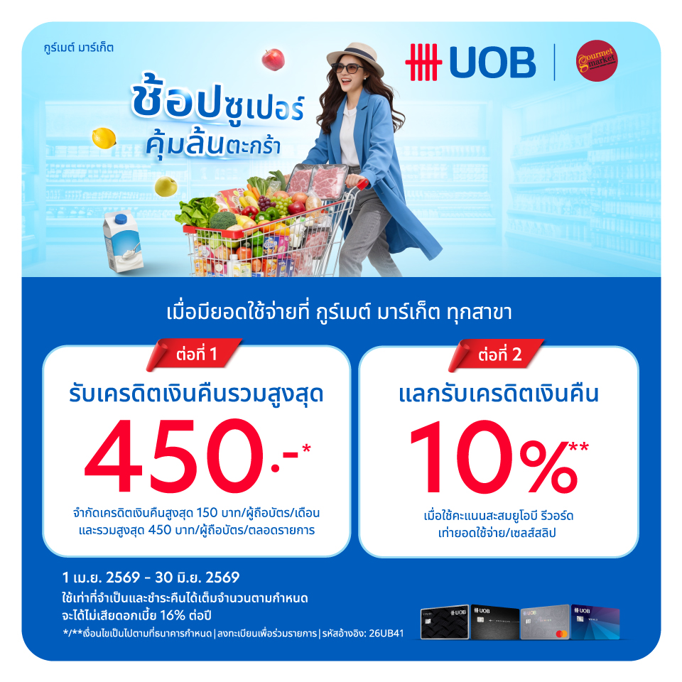 UOB รับเครดิตเงินคืนรวมสูงสุด 450 บาท และแลกรับเครดิตเงินคืน 10% 2026