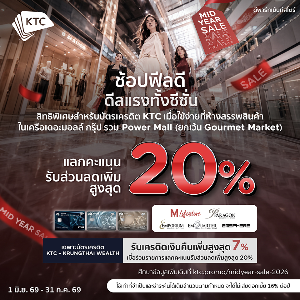 บัตรเครดิต KTC แลกรับส่วนลดสูงสุด 20% และรับเครดิตเงินคืนเพิ่มสูงสุด 7%